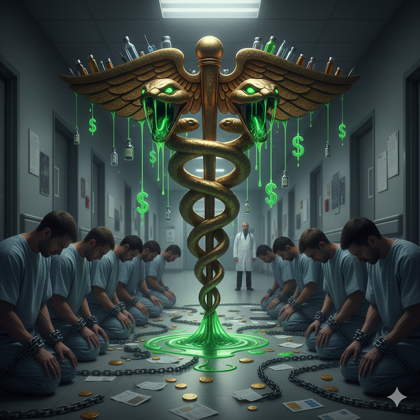 In the halls of what should be healing, patients find themselves chained by a system driven by profit, not well-being. The symbol of healthcare, now corrupted by greed and pills, looms over them, dripping money instead of care. It's a stark visual of dependency—a system designed to manage symptoms and maximize revenue, leaving individuals trapped and unheard. This is the truth about healthcare, and it's time to break free
